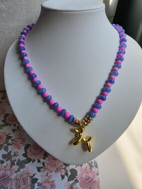 Gold Balloon Dog Pendant Beaded Necklace in Pink & Blue
